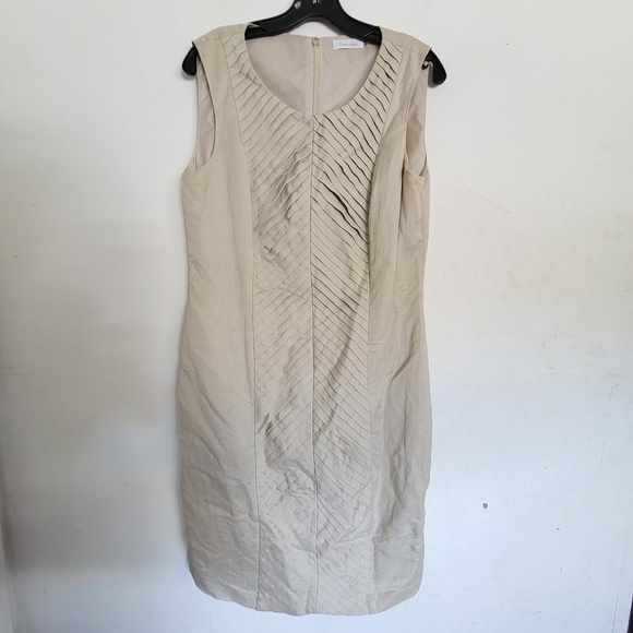 NEW Calvin Klein Khaki Tan Pleated Sleeveless Career Linen Dress Size 12 - Picture 1 of 13
